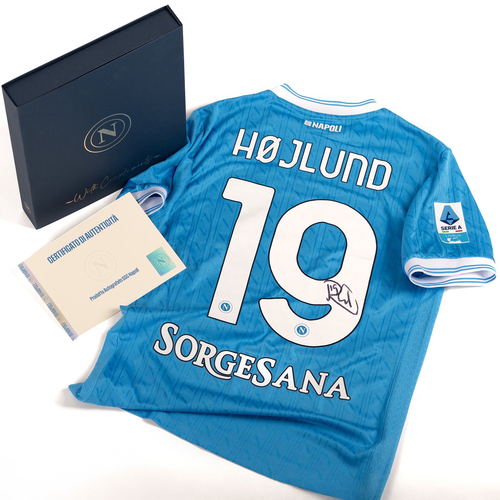 ナポリ HØJLUND 19番 ジャージ SSC Napoli Match Jersey Home 2025/2026 Signed by Hojlund in Premium Bo