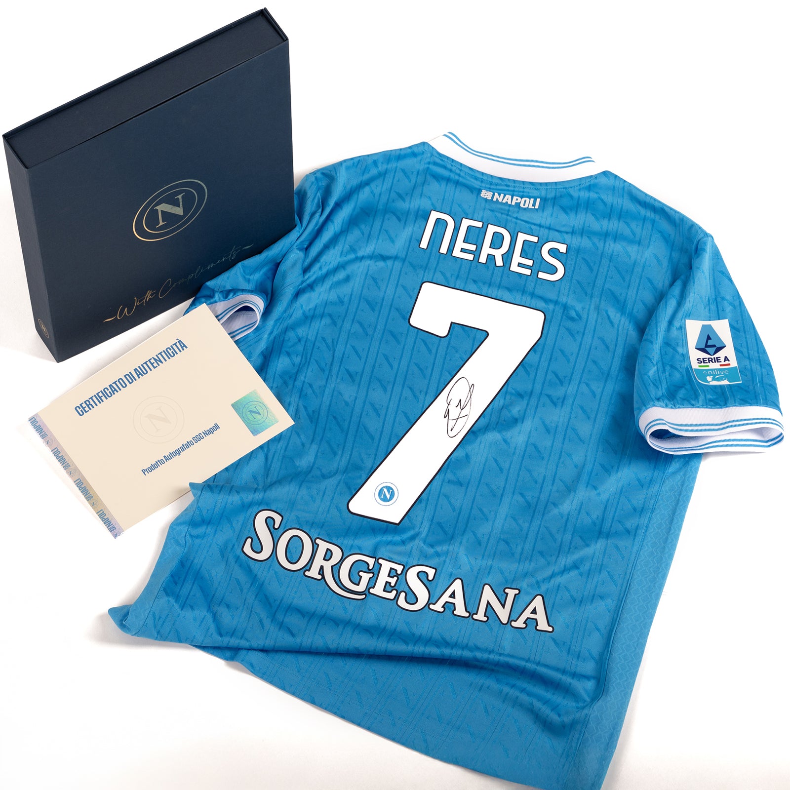 SSC Napoli Maglia Gara Home 2025/2026 Autografata da Neres in Premium Box